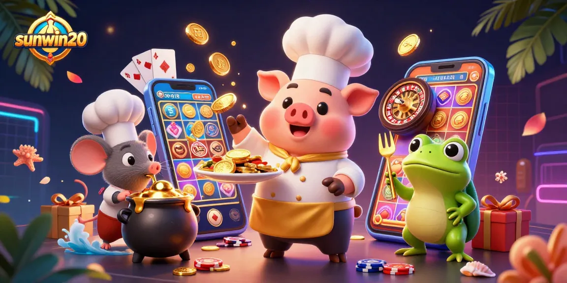 Engage in thrilling gameplay with sunwin20 as chef pig presents gold coins amidst vibrant casino elements.